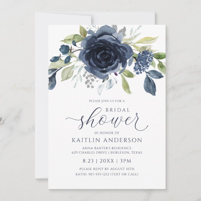 Invitation Fête des mariées Bleu Floral Aquarelle Argent (Devant)