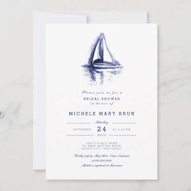 Invitation Fête des mariées bleu marine Watercolor (Devant)