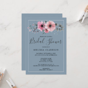 Invitation Fête des mariées bleu poussiéreux aux fleurs rusti