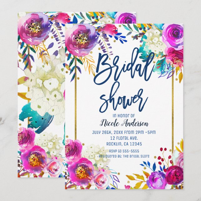 Invitation Fête des mariées Bleu Script Bold Aquarelle Floral (Devant / Derrière)