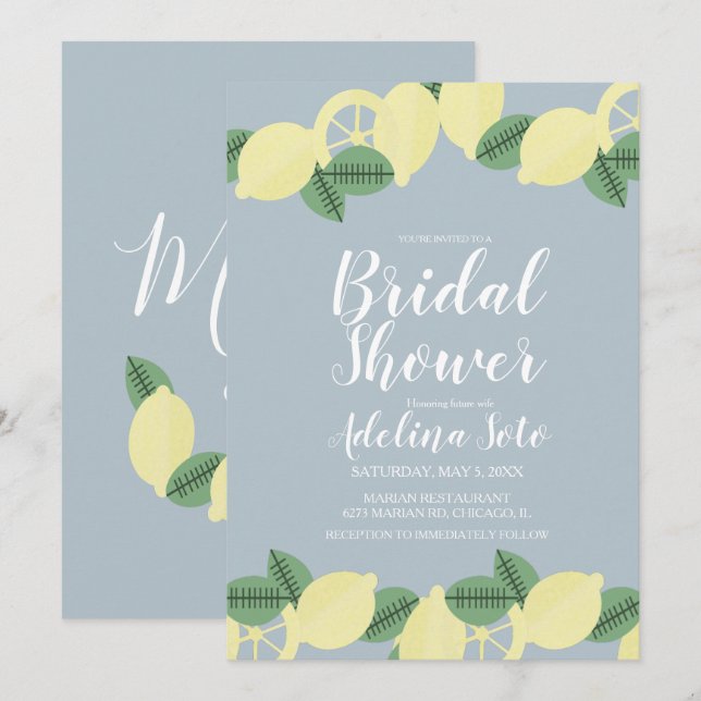 Invitation Fête des mariées Bleue Blush Lemon Boho Country (Devant / Derrière)