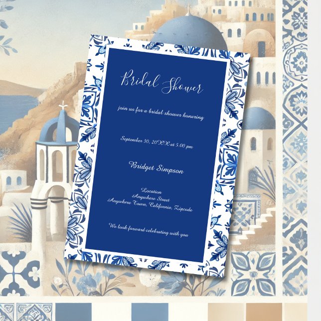 Invitation Fête des mariées bleue et blanche grecque (Créateur téléchargé)