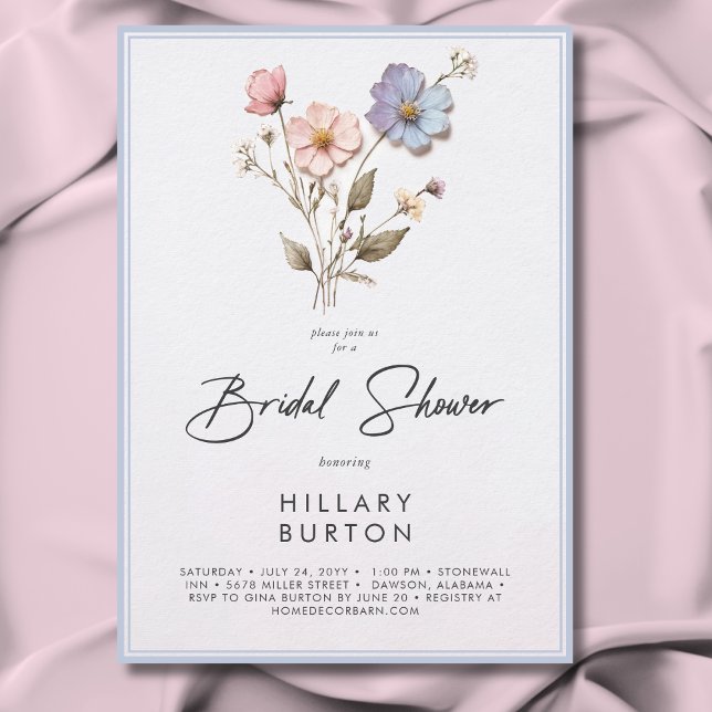 Invitation Fête des mariées bleue Fleur sauvage Pressée moder (Modern Pressed Wildflowers Blue Bridal Shower Invitation)