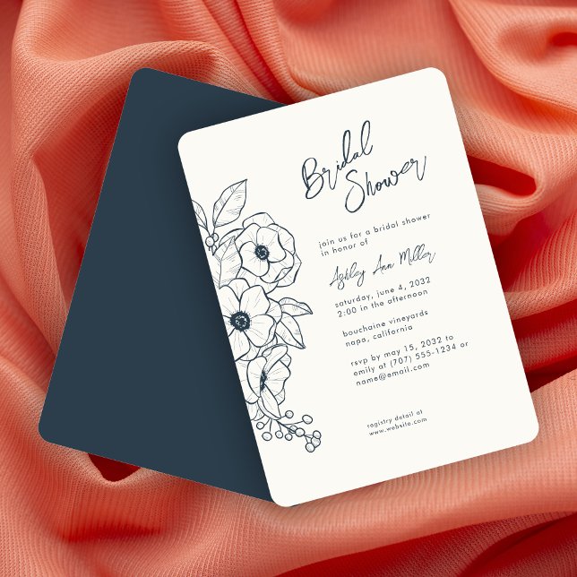 Invitation Fête des mariées bleue marine florale minimale (Créateur téléchargé)