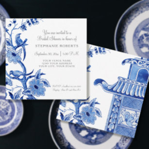 Invitation Fête des mariées Blue Chinoiserie Floral Aquarelle