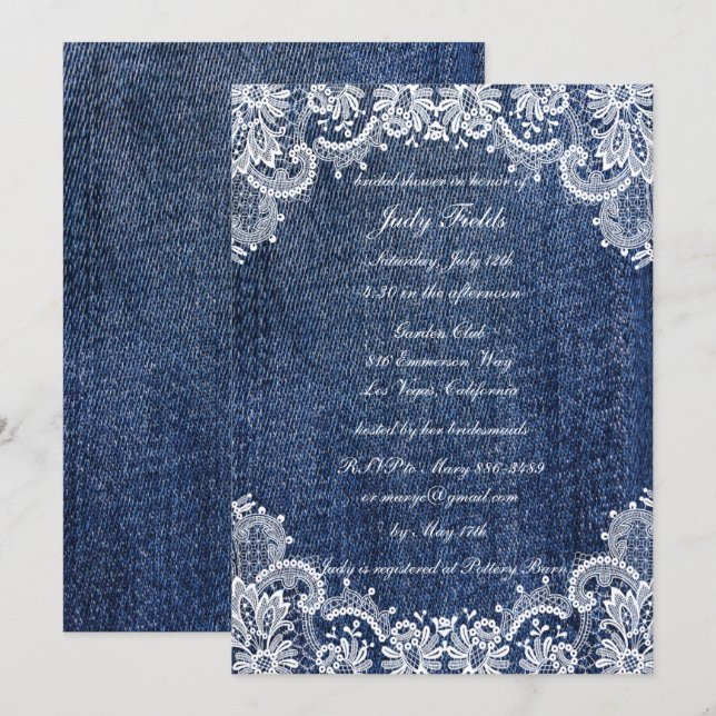 Invitation Fête des mariées Blue Jean Denim Et Dentelle (Devant / Derrière)