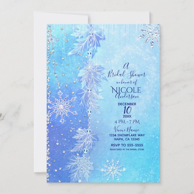 Invitation Fête des mariées Blue Winter Feuilles & Snowflakes (Devant)