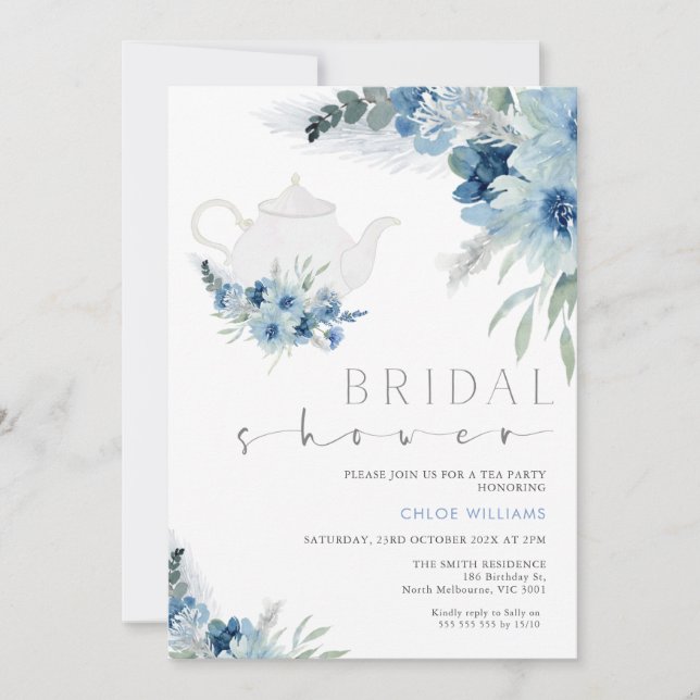 Invitation Fête des mariées Bohême Blue Floral Tea Party (Devant)