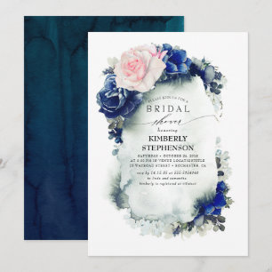 Invitation Fête des mariées bohème florale bleue marine et ro