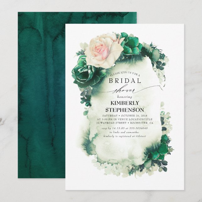 Invitation Fête des mariées bohème rose et vert foncé (Devant / Derrière)