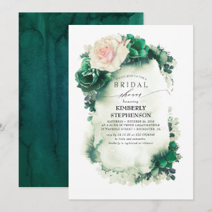Invitation Fête des mariées bohème rose et vert foncé