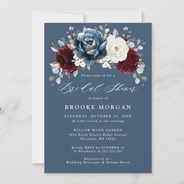 Invitation Fête des mariées Boho blanc ivoire bleu ardoise (Devant)