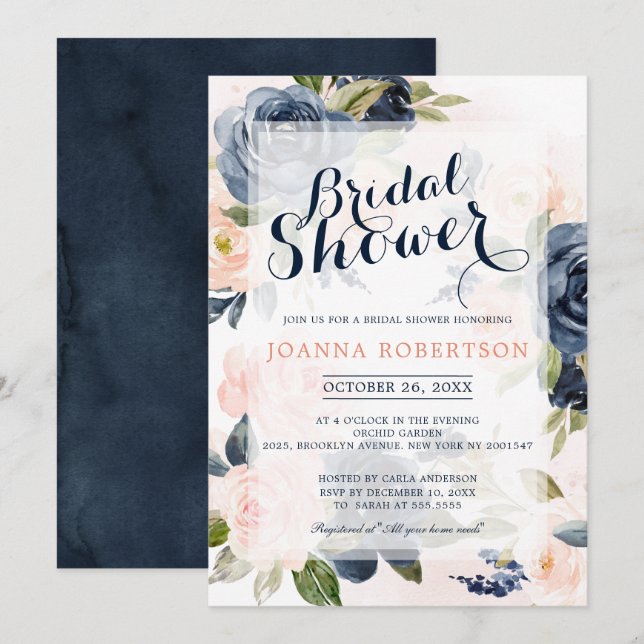 Invitation Fête des mariées Boho bleu bleu bleu rose marine (Devant / Derrière)