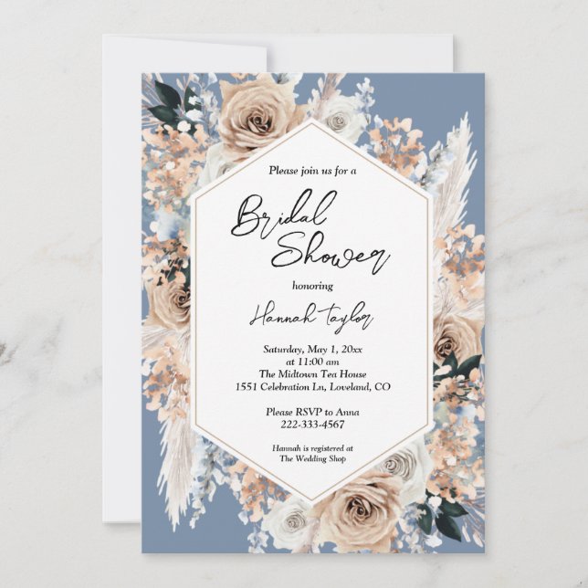 Invitation Fête des mariées Boho bleu Dusty (Devant)