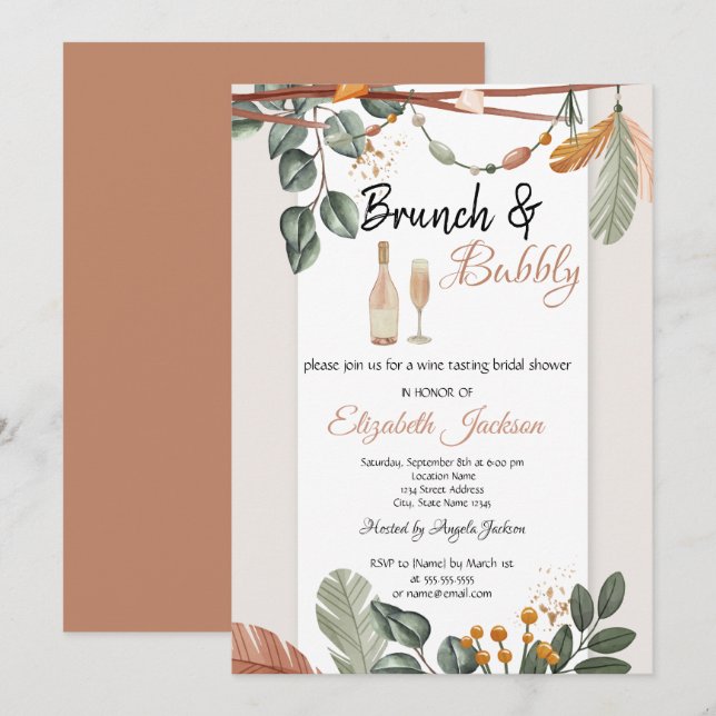 Invitation Fête des mariées Boho Brunch & Bubbly (Devant / Derrière)