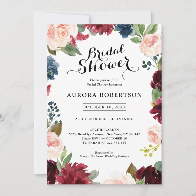 Invitation Fête des mariées Boho de la Rose bleu de la marine (Devant)