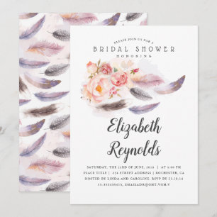 Invitation Fête des mariées Boho Floral Watercolor Feathers