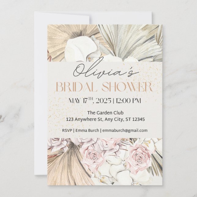 Invitation Fête des mariées Boho Pampas et Blush Rose (Devant)