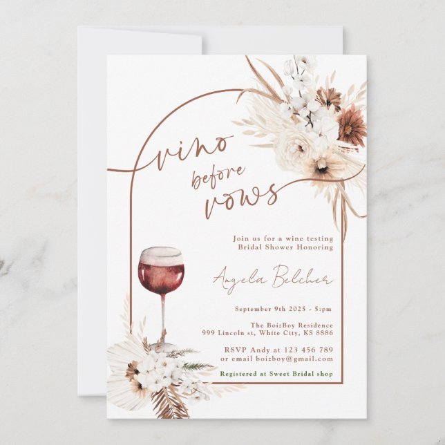 Invitation Fête des mariées Boho pampas Grass and Wine (Devant)