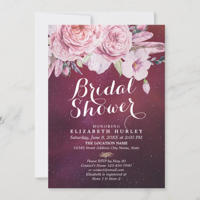 Invitation Fête des mariées Boho Plumes florales Bourgogne Ro (Devant)