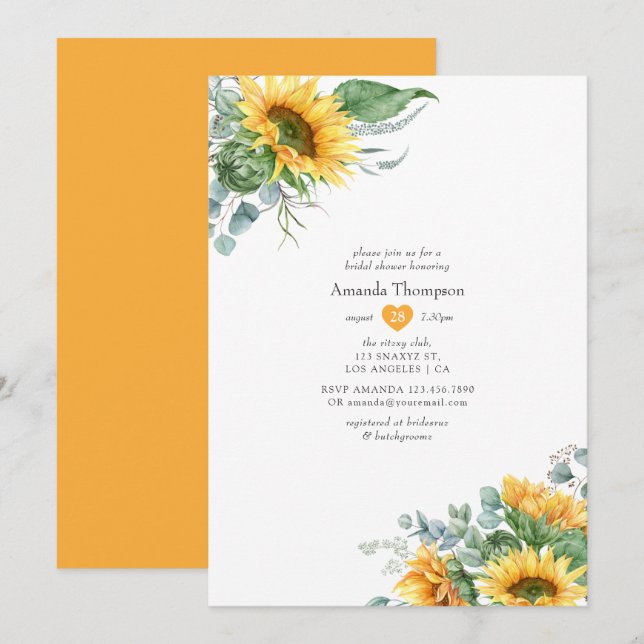 Invitation Fête des mariées Boho Sunflower Eucalyptus (Devant / Derrière)