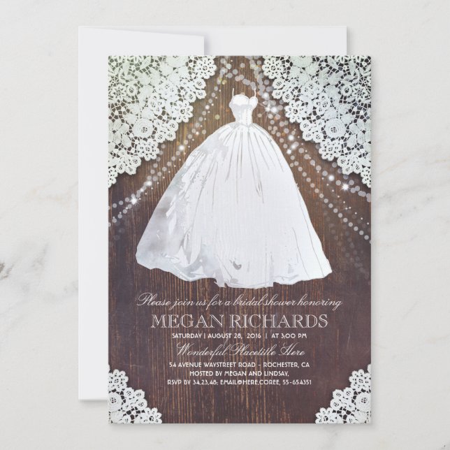 Invitation Fête des mariées | Bois rustique | Dentelles | Mar (Devant)