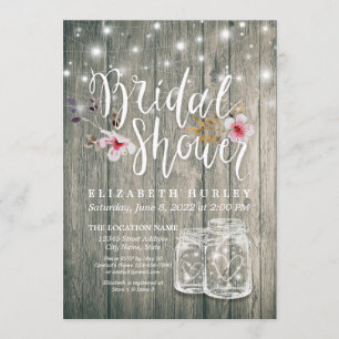 Invitation Fête des mariées Bois rustique Mason Jar Lumières 