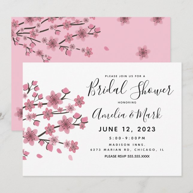 Invitation Fête des mariées botanique en fleurs de cerisier (Devant / Derrière)