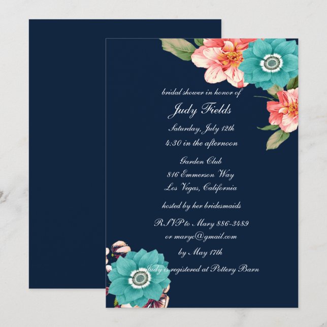 Invitation Fête des mariées Botanique Florale Bleue Et Rose (Devant / Derrière)