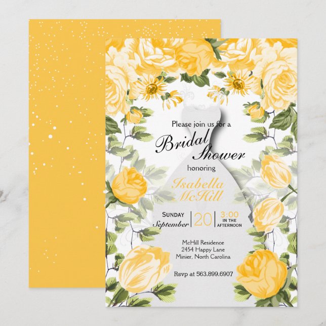 Invitation Fête des mariées - Botanique Jaune Doré Floral (Devant / Derrière)