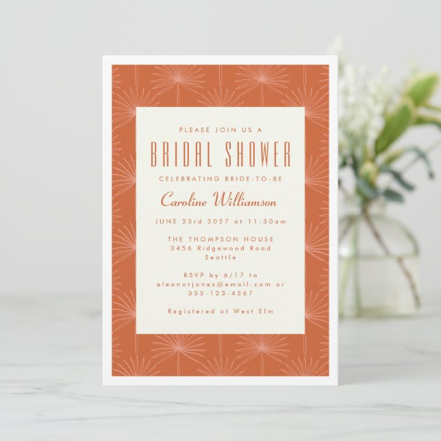 Invitation Fête des mariées botanique moderne Boho Palm Leaf  (Debout devant)