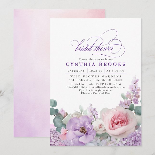 Invitation Fête des mariées botanique violet rose floral Boho (Devant / Derrière)