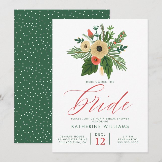 Invitation FÊTE DES MARIÉES | Bouquet de Noël d'hiver (Devant / Derrière)