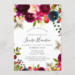 Invitation Fête des mariées, Bourgogne, Aquarelle Blush+Navy