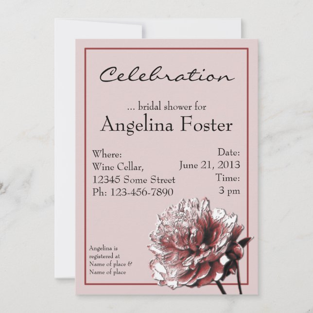 Invitation Fête des mariées Bourgogne et pivoine rose (Devant)