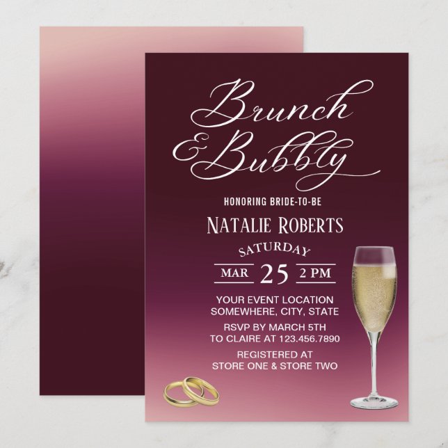 Invitation Fête des mariées Brunch & Bubbly Burgundy Red Ombr (Devant / Derrière)