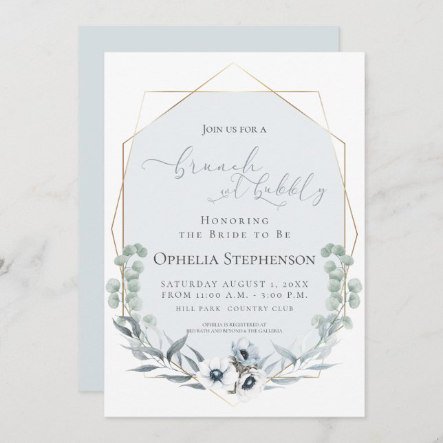 Invitation FÊTE DES MARIÉES | Brunch & Bubbly Dusty Blue Flor (Devant / Derrière)