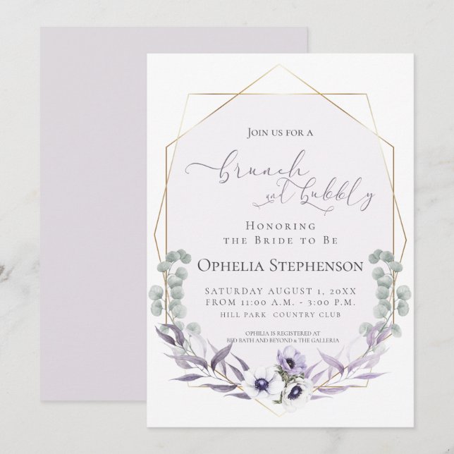 Invitation FÊTE DES MARIÉES | Brunch & Bubbly Dusty Lilac Flo (Devant / Derrière)