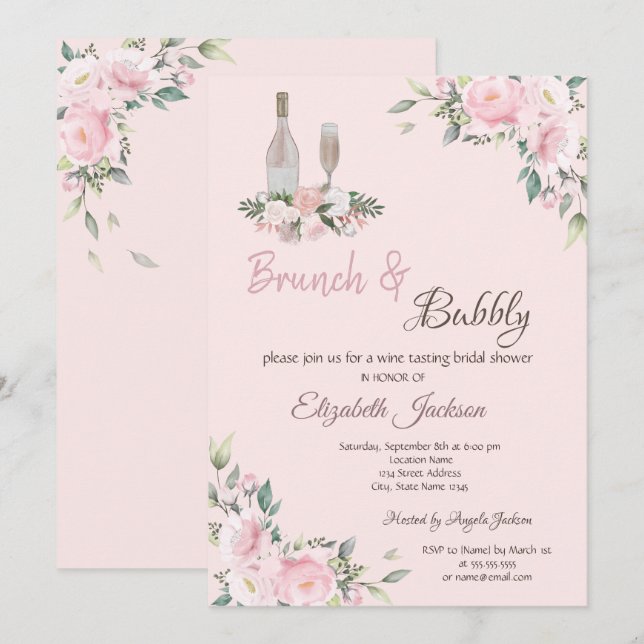 Invitation Fête des mariées Brunch & Bubbly rose Fleurs (Devant / Derrière)