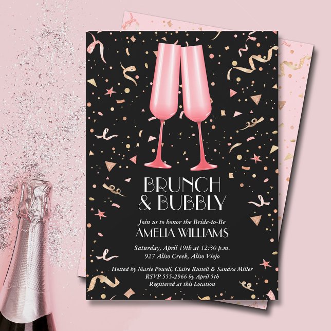 Invitation Fête des mariées Brunch et bulles (Brunch and bubbly pink champagne glasses and streamers on black bridal shower invitations)