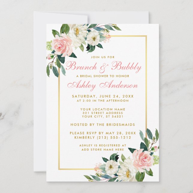 Invitation Fête des mariées Brunch Gold Rose Floral Invitatio (Devant)