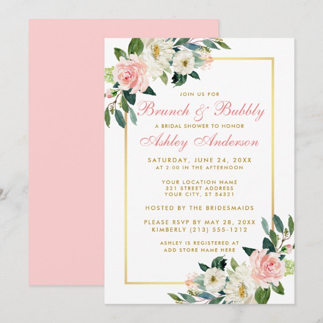 Invitation Fête des mariées Brunch Gold Rose Floral Invitatio (Devant / Derrière)