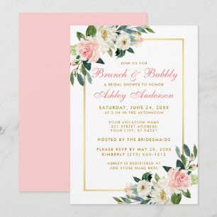 Invitation Fête des mariées Brunch Gold Rose Floral Invitatio