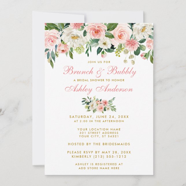 Invitation Fête des mariées Brunch Pink Floral Gold Invitatio (Devant)