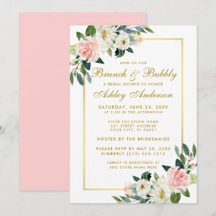 Invitation Fête des mariées Brunch Rose Floral Gold Invitatio