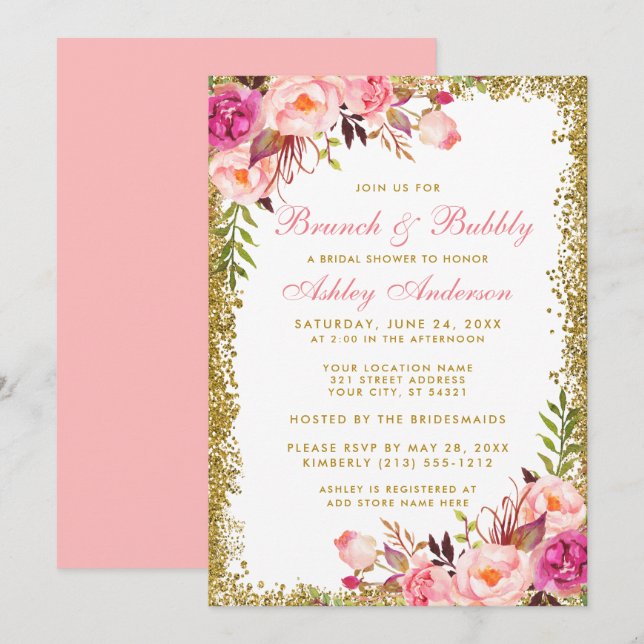 Invitation Fête des mariées Brunch Rose Floral Parties scinti (Devant / Derrière)