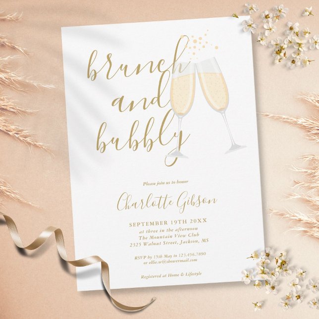 Invitation Fête des mariées Bubbly Gold Signature Script Brun (Créateur téléchargé)