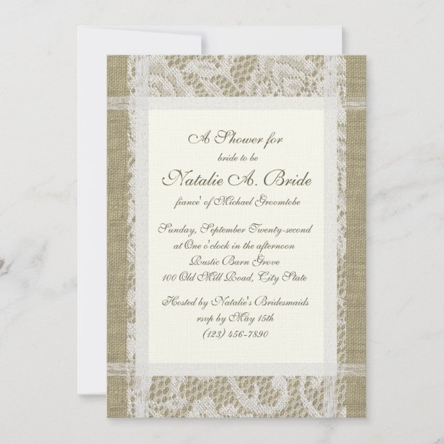 Invitation Fête des mariées Burlap et dentelle (Devant)