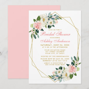 Invitation Fête des mariées Cadre géométrique Pink Floral Inv
