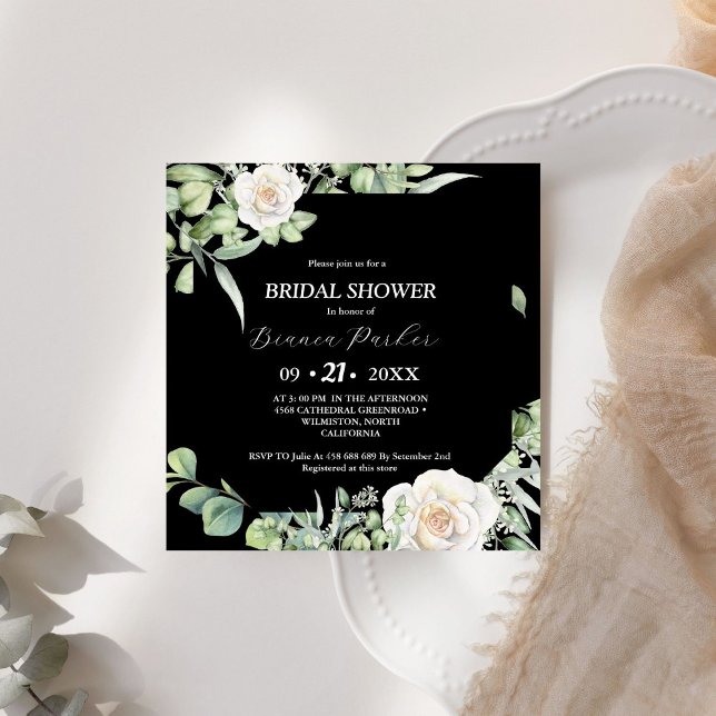 Invitation Fête des mariées Carré de verdure noire et blanche (Créateur téléchargé)